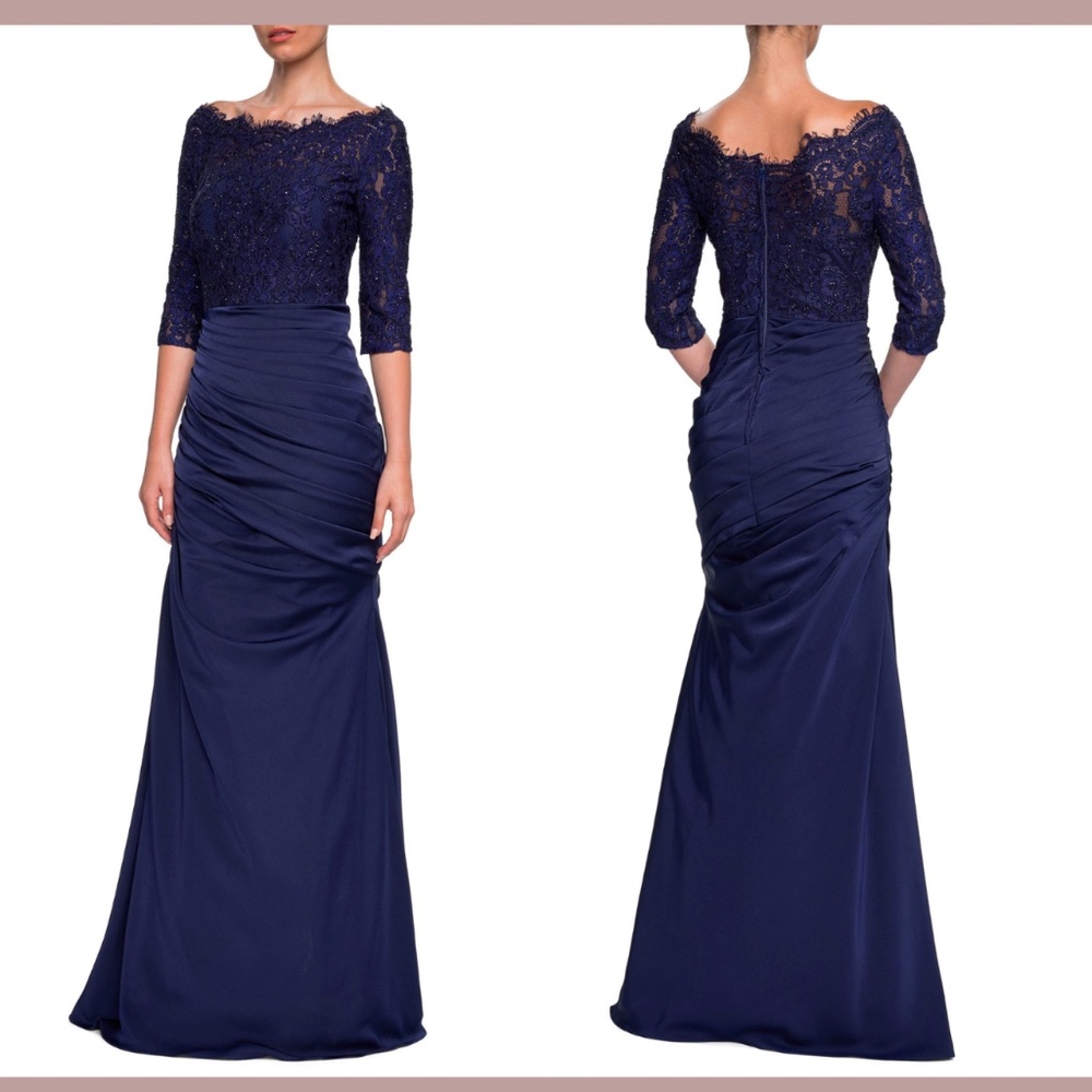 NWT‎ $638 La Femme [ 4 ] Sparkle Lace Trumpet Gown in Navy Blue